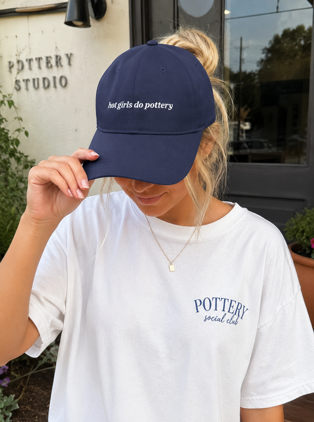 'hot girls do pottery' embroidered baseball cap white text